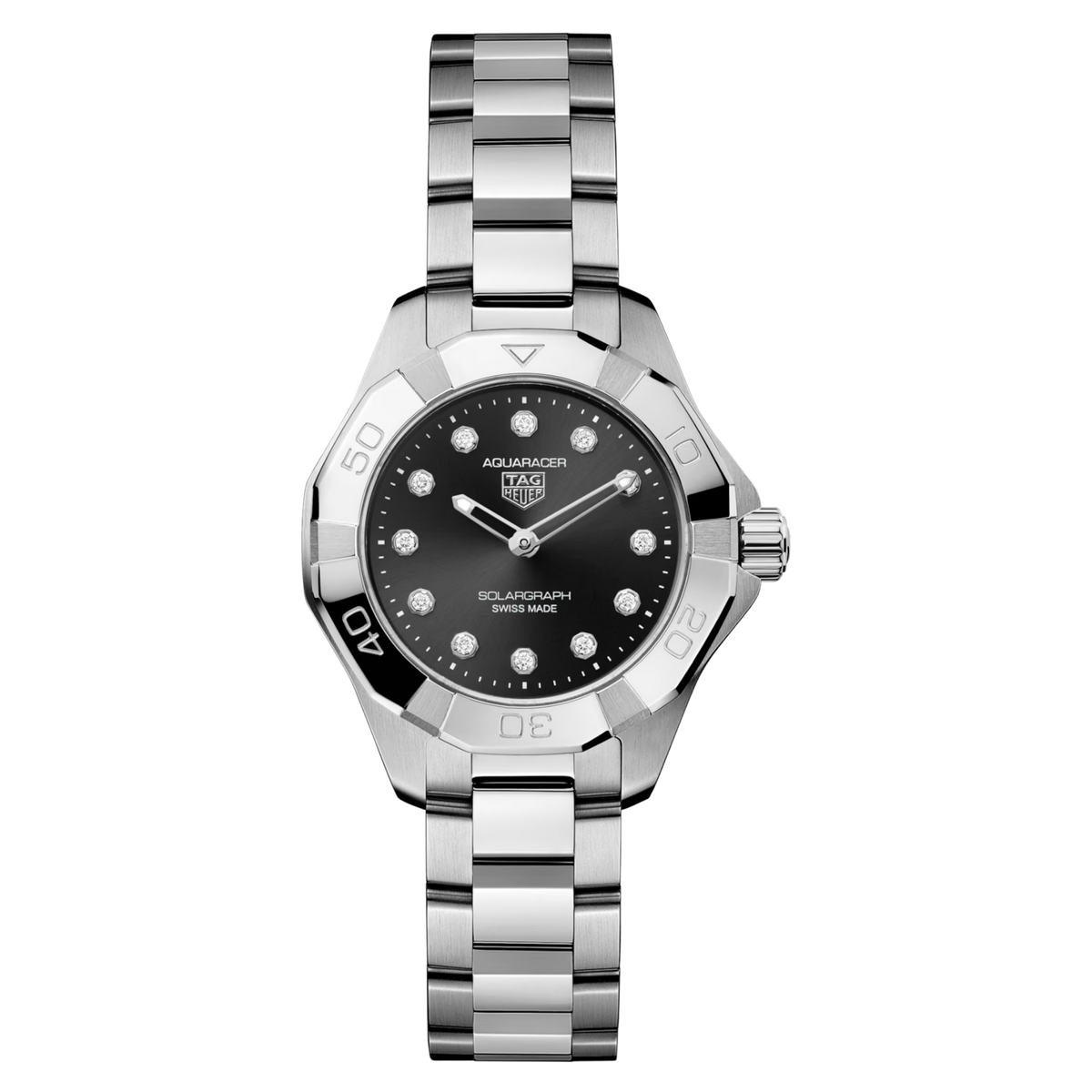 TAG Heuer Aquaracer Solargraph 28mm Black Diamond Dial Watch front view 