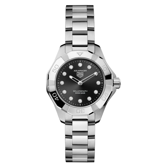 TAG Heuer Aquaracer Solargraph 28mm Black Diamond Dial Watch front view 