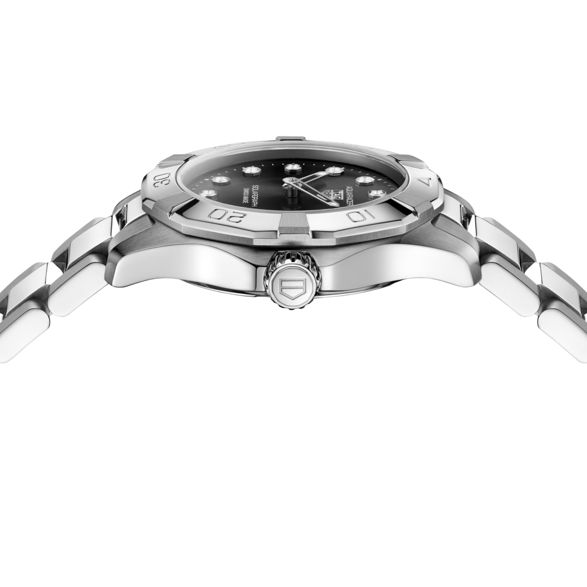 TAG Heuer Aquaracer Solargraph 28mm Black Diamond Dial Watch angled view 