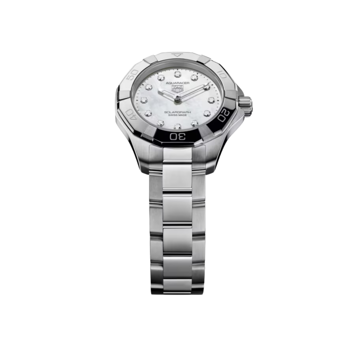TAG Heuer Aquaracer Professional 100 Solargraph combining a refined 28mm steel case with a white mother-of-pearl diamond dial and innovative solar-powered quartz movement.