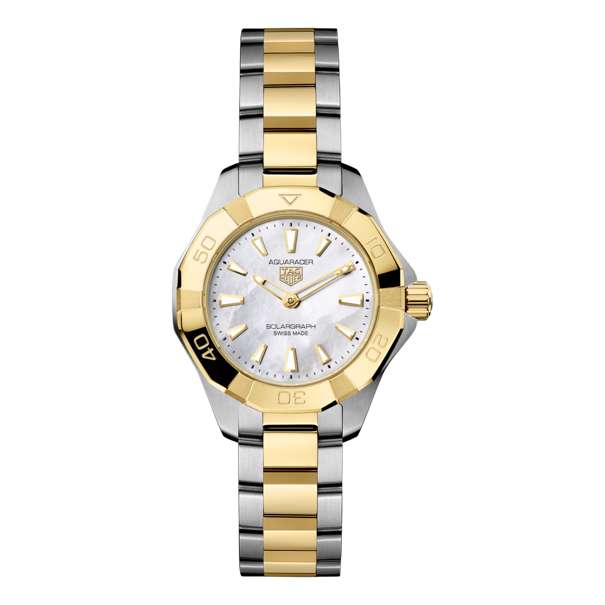 TAG Heuer Aquaracer Professional 100 Solargraph 28mm, featuring a steel case, mother-of-pearl dial and TH51-00 solar quartz movement.