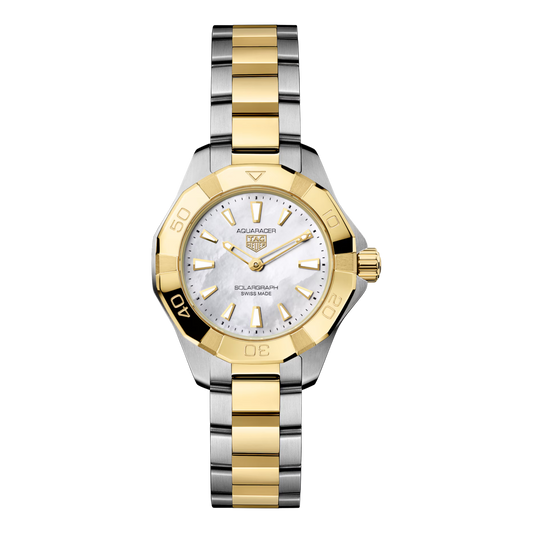 TAG Heuer Aquaracer Professional 100 Solargraph 28mm, featuring a steel case, mother-of-pearl dial and TH51-00 solar quartz movement.