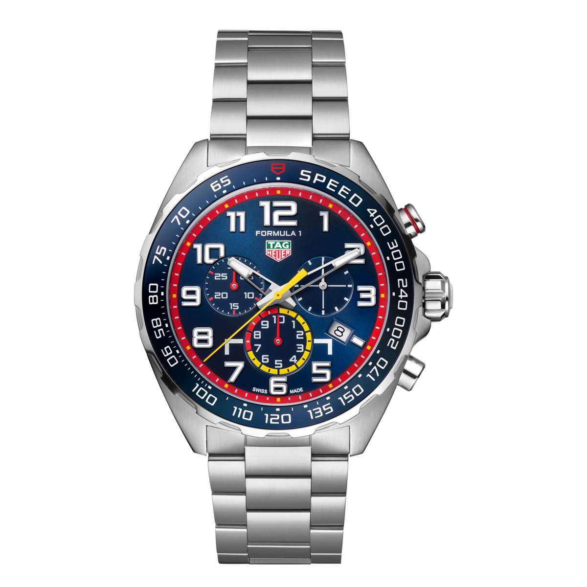 TAG Heuer Formula 1 Chronograph x Oracle Red Bull Racing watch with blue dial and stainless steel bracelet.