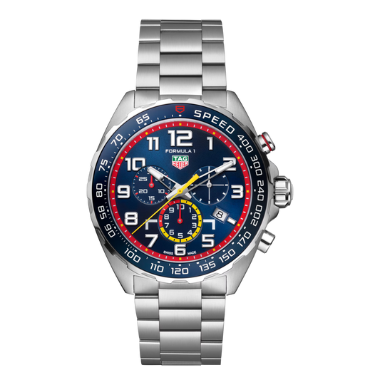 TAG Heuer Formula 1 Chronograph x Oracle Red Bull Racing watch with blue dial and stainless steel bracelet.