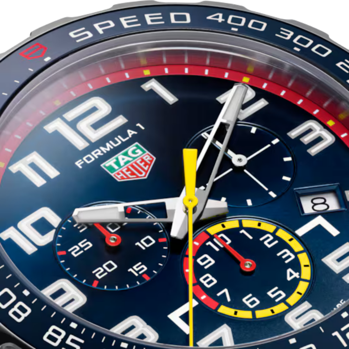 Close-up of the TAG Heuer Formula 1 Chronograph x Oracle Red Bull Racing blue dial with colourful chronograph sub-dials.