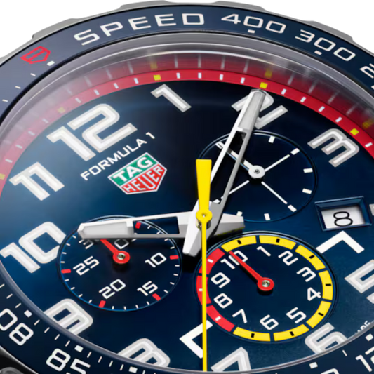 Close-up of the TAG Heuer Formula 1 Chronograph x Oracle Red Bull Racing blue dial with colourful chronograph sub-dials.