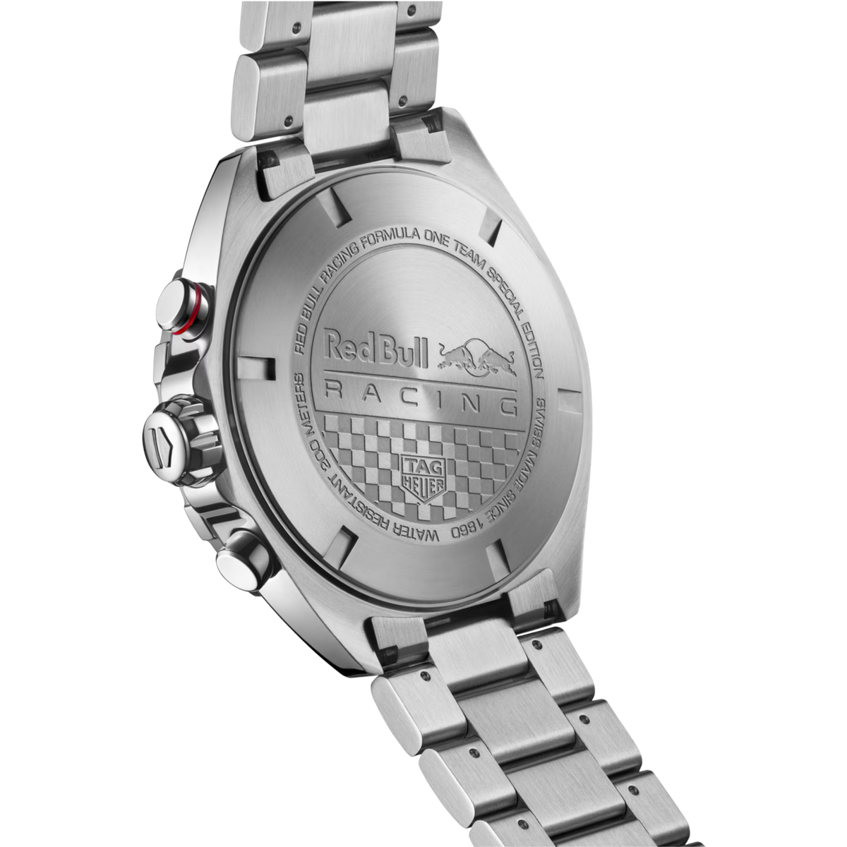 Case back of the TAG Heuer Formula 1 Chronograph x Oracle Red Bull Racing featuring engraved Red Bull Racing details.