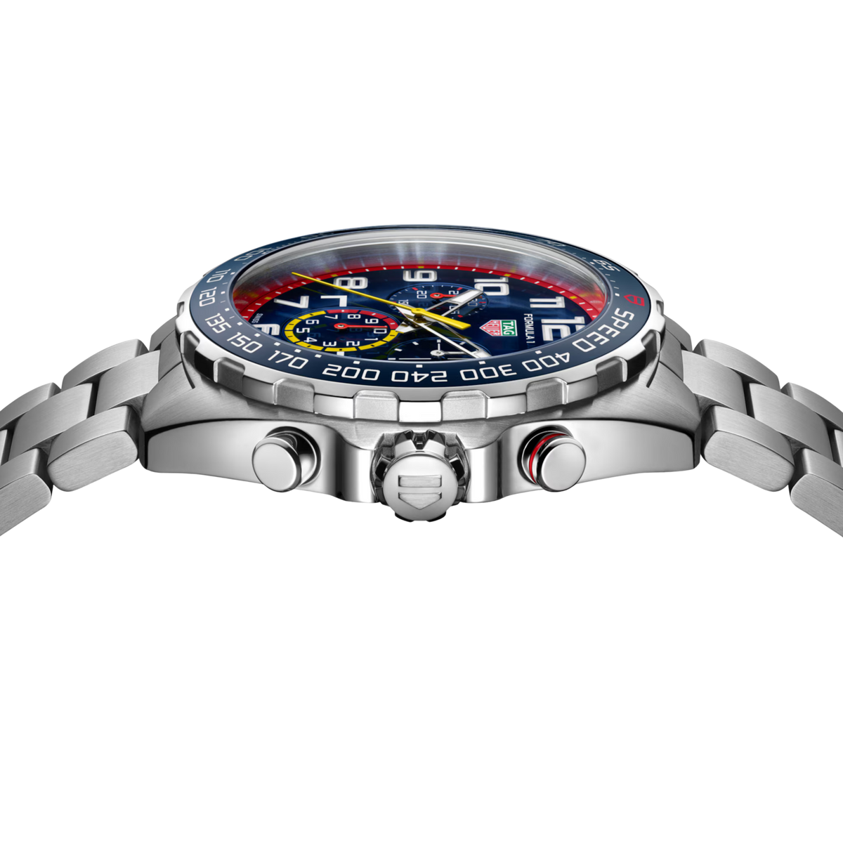 Side profile of the TAG Heuer Formula 1 Chronograph x Oracle Red Bull Racing showcasing its stainless steel case and pushers.