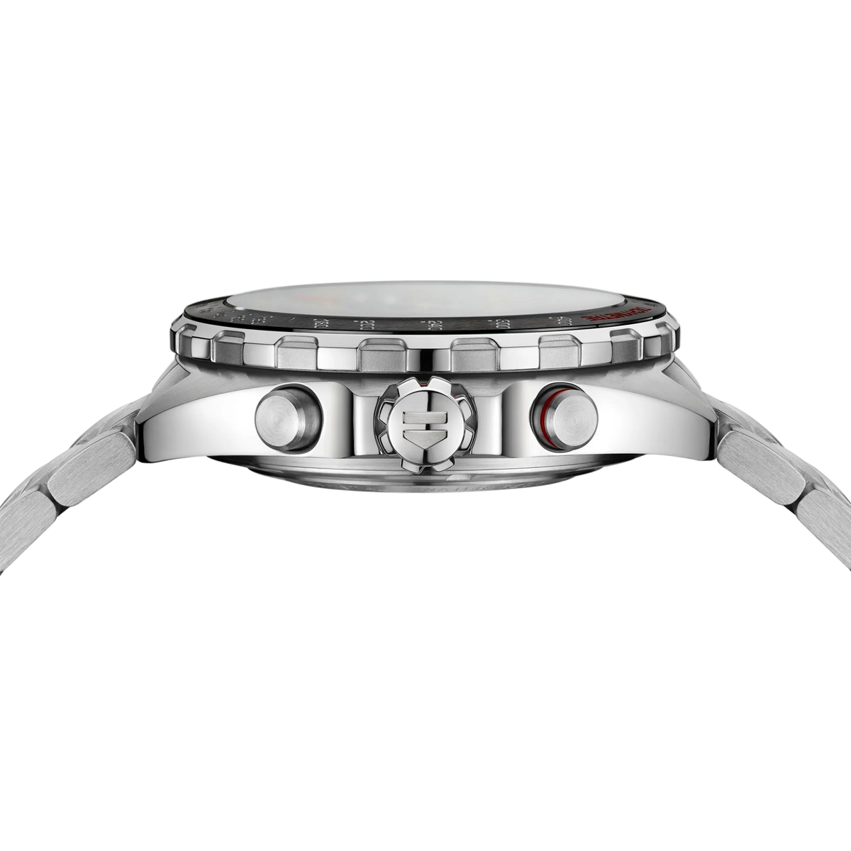 side angle view of the steel case featuring the tachymetre bezel, crown with red detailing, and chronograph pushers, emphasising the watch’s sporty, performance-driven design