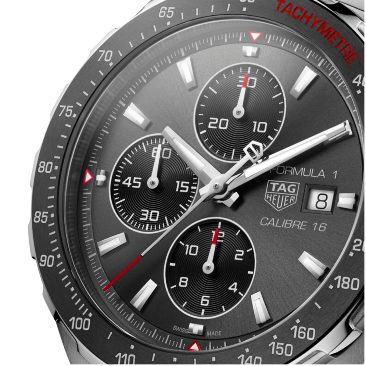 close-up of the grey dial highlighting the tri-compax chronograph layout, subtle red accents, and contrasting sub-dials for precise readability