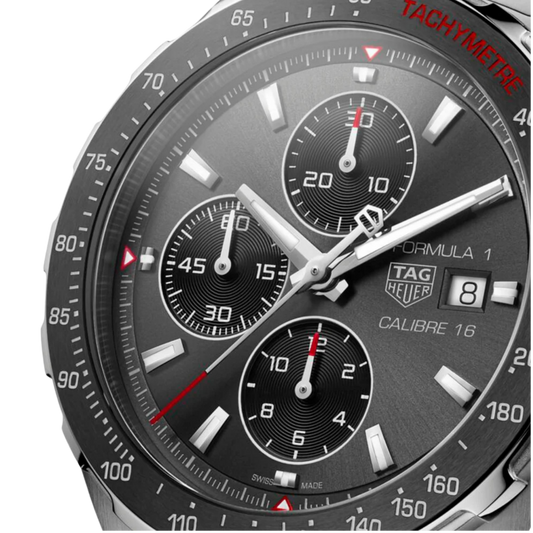 close-up of the grey dial highlighting the tri-compax chronograph layout, subtle red accents, and contrasting sub-dials for precise readability
