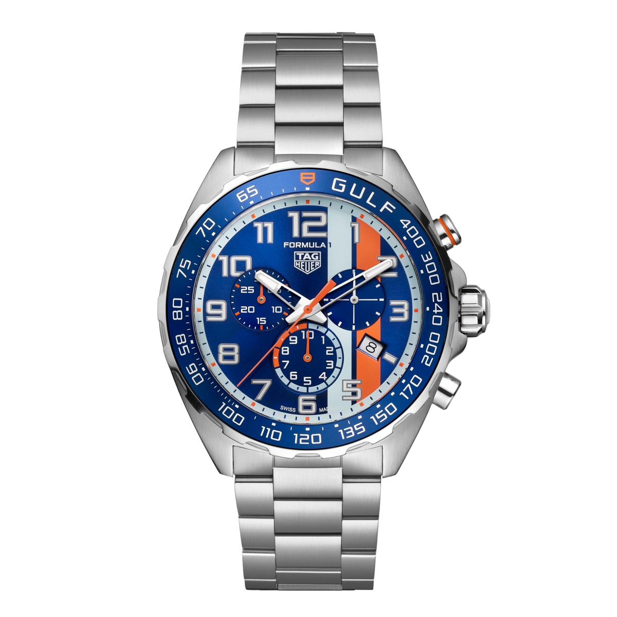TAG Heuer Formula 1 Gulf chronograph watch with blue dial, signature orange racing stripe, three sub-dials, date window at 4 o’clock, and stainless steel bracelet