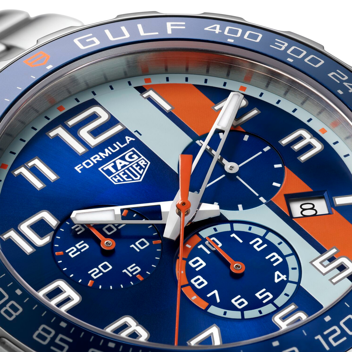 close-up of the blue dial showcasing the iconic Gulf colourway, bold Arabic numerals, orange accents, and tri-compax chronograph layout for sporty precision