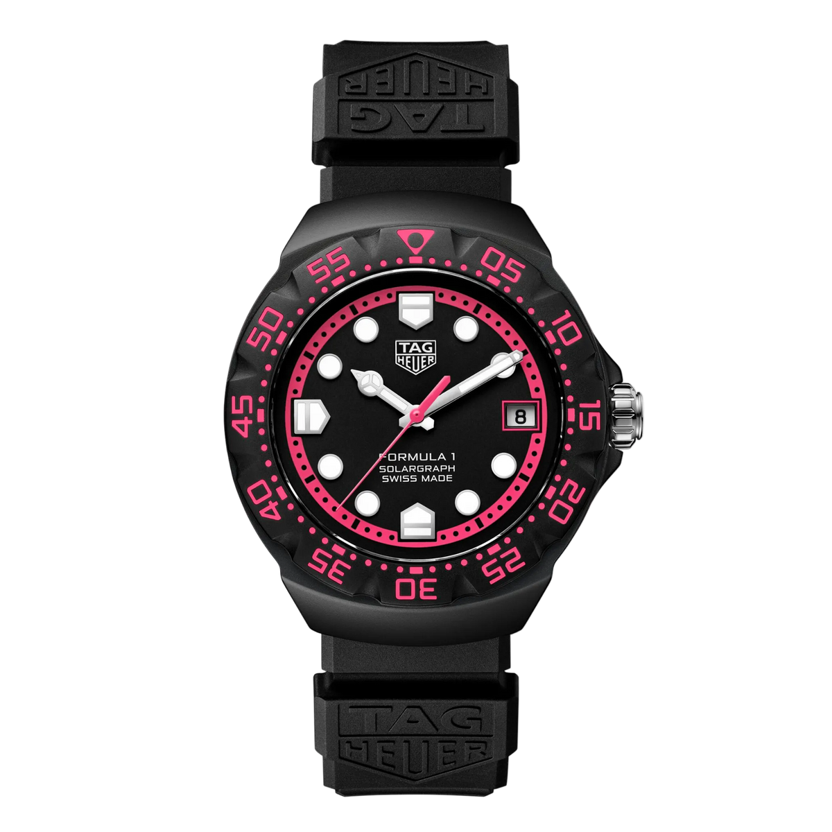 TAG Heuer Formula 1 Solargraph watch with black dial, bold pink accents, luminous hour markers, date window at 3 o’clock, and black rubber strap