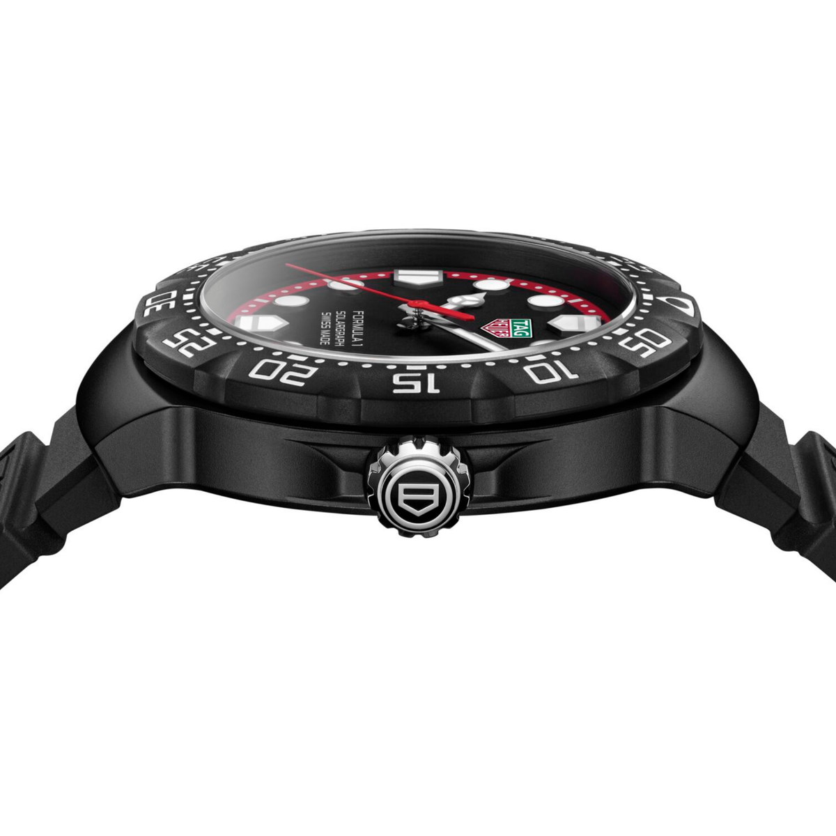 side angle view showcasing the lightweight case construction, crown detailing and sporty silhouette
