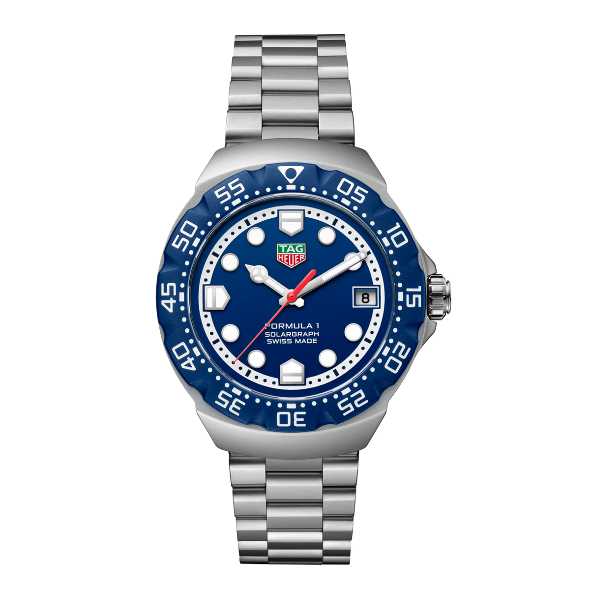 TAG Heuer Formula 1 Solargraph 38mm watch with blue dial, stainless steel case and bracelet.