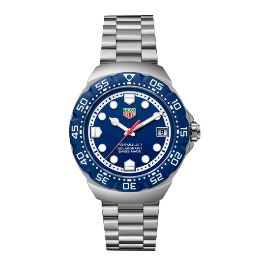 TAG Heuer Formula 1 Solargraph 38mm watch with blue dial, stainless steel case and bracelet.