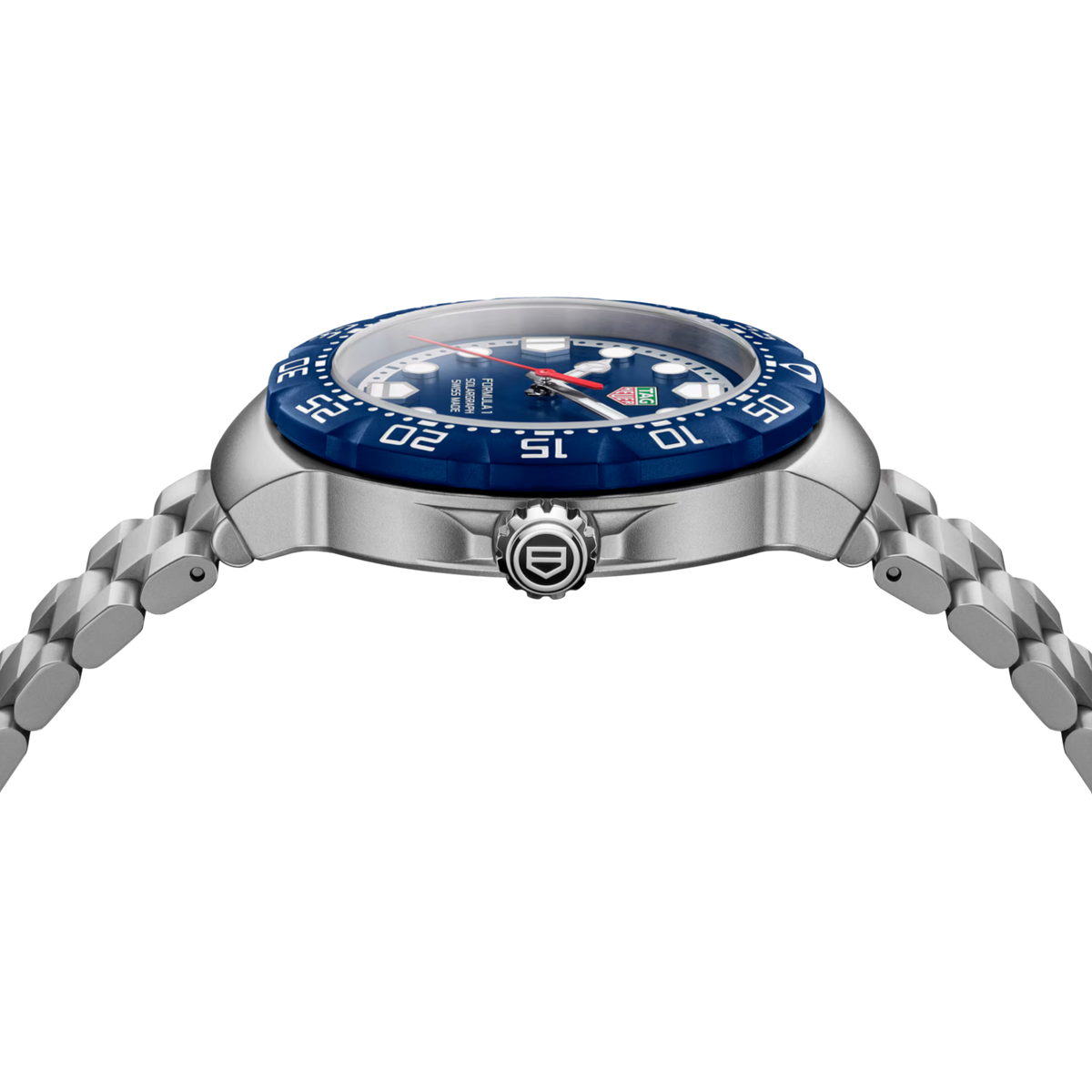 Side profile of the TAG Heuer Formula 1 Solargraph 38mm showcasing its stainless steel case and blue bezel.