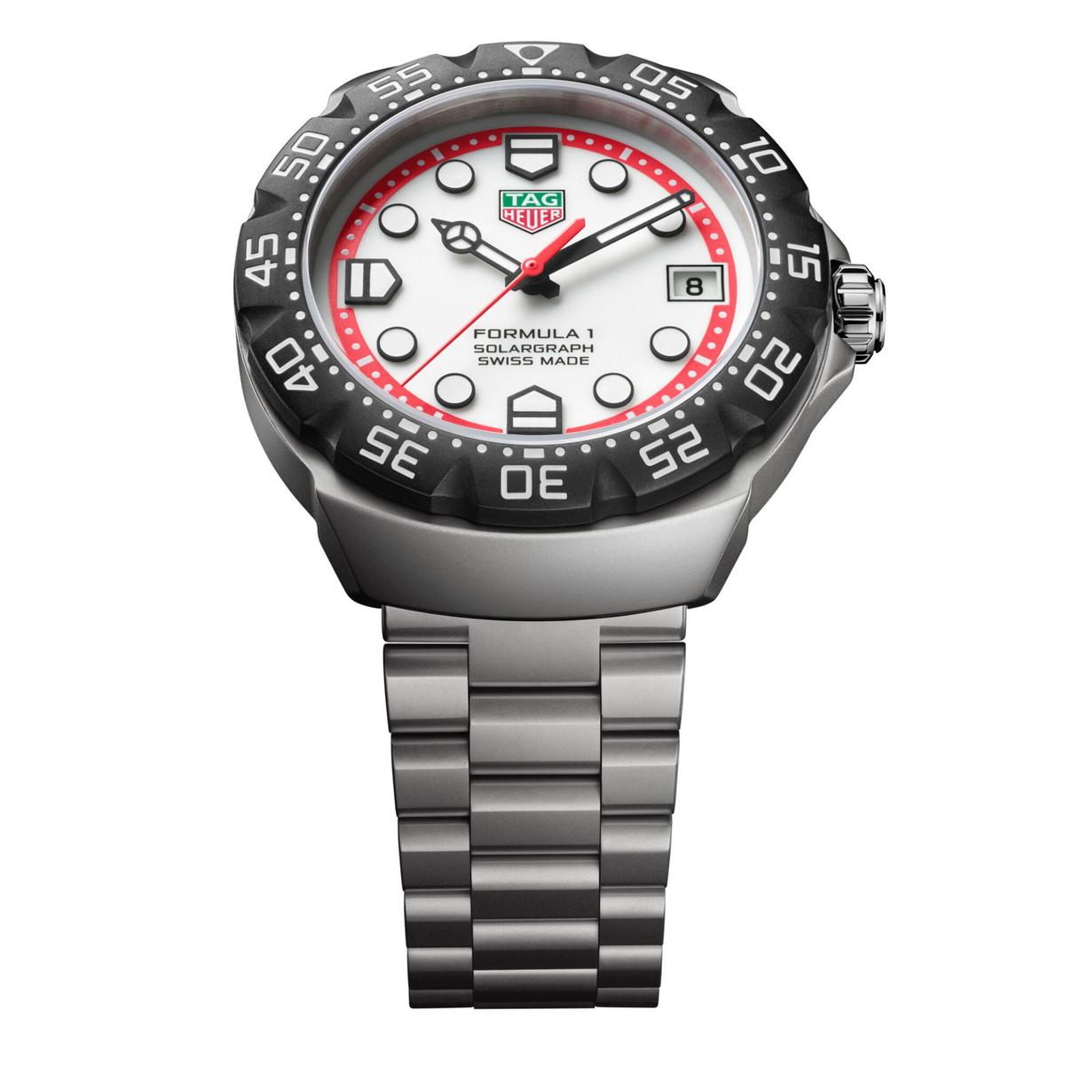 side angle view of the steel case featuring the crown, robust bezel design, and sporty profile