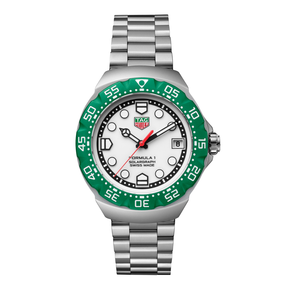 TAG Heuer Formula 1 Solargraph 38mm watch with white dial, bold green rotating bezel, red seconds hand, luminous markers, date window at 3 o’clock, and stainless steel bracelet