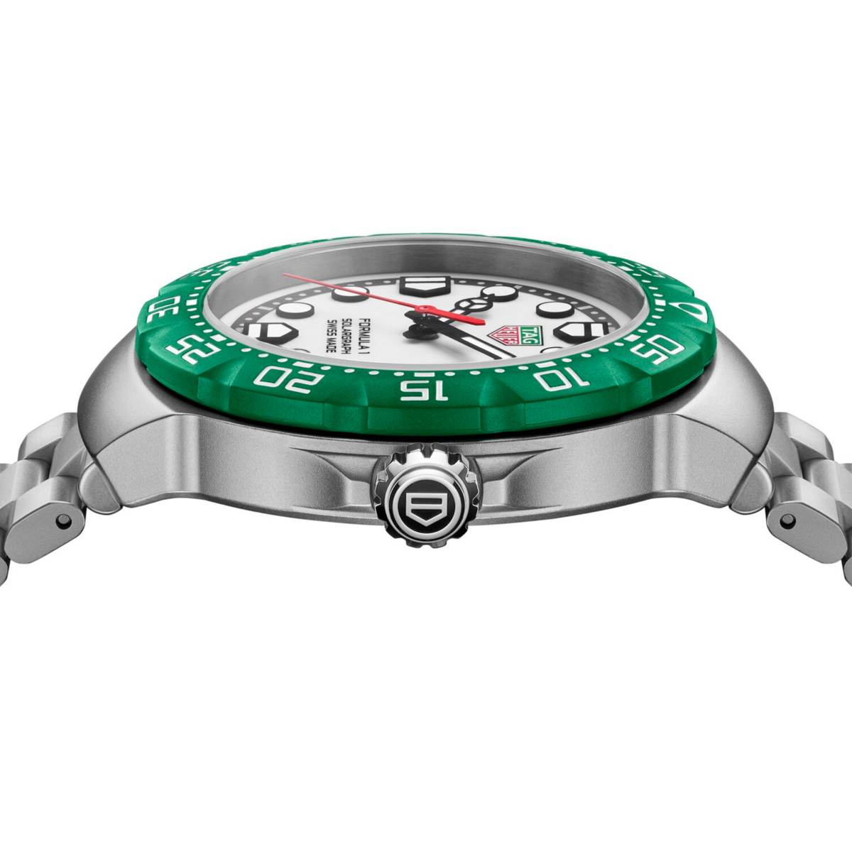 side angle view of the stainless steel case, featuring the crown, turning bezel construction, and sporty, durable profile