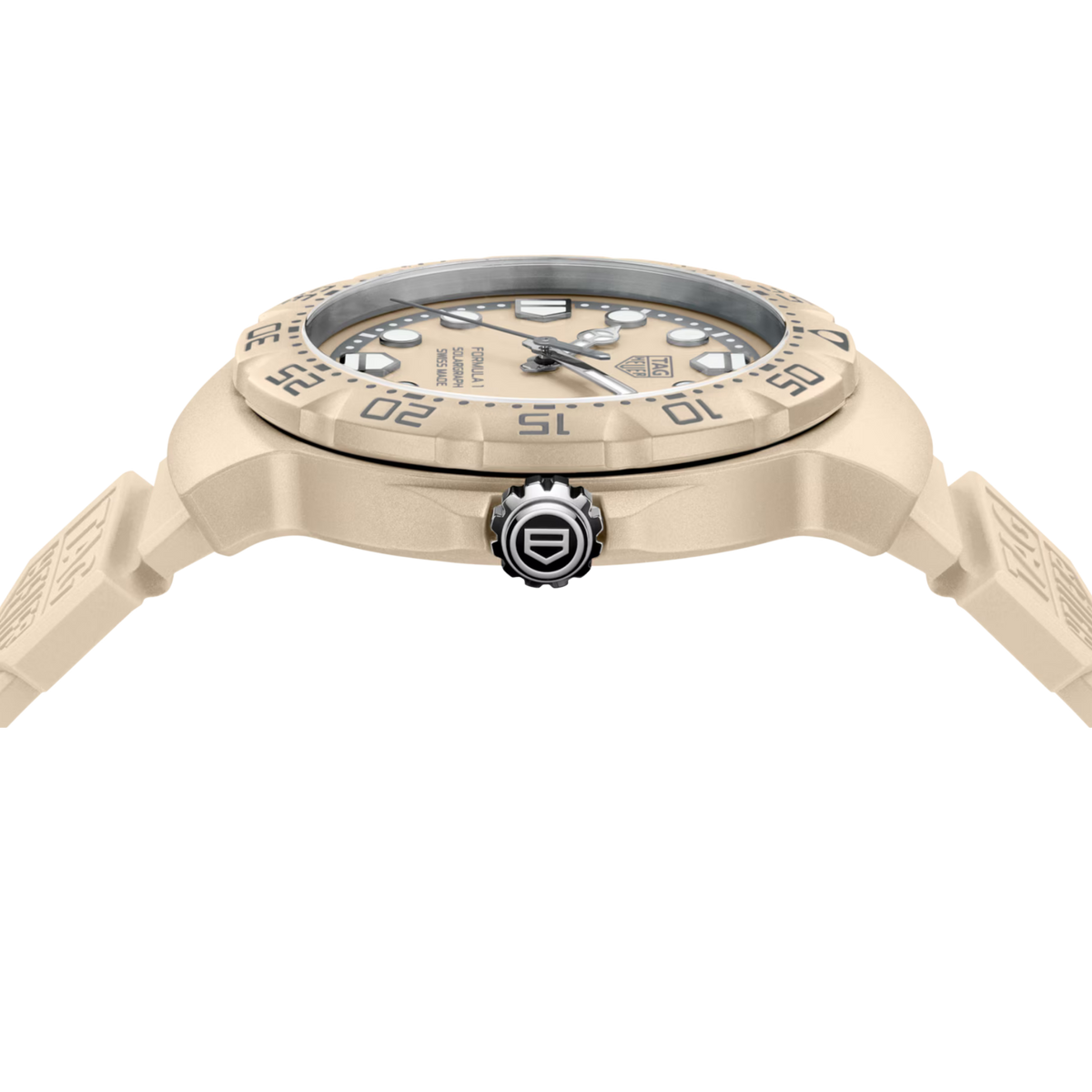 Angled View of the TAG Heuer Formula 1 Solargraph 38mm, featuring a lightweight TH-Polylight case, beige dial and innovative TH50-00 solar quartz movement.