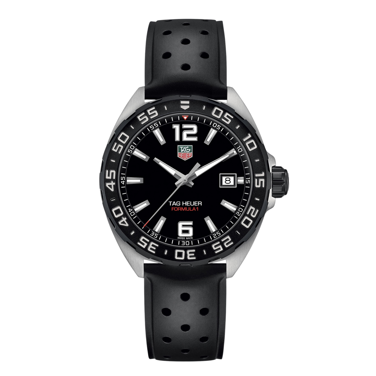 TAG Heuer Formula 1 watch with black dial, bold Arabic numerals at 12 and 6, white hour markers, date window at 3 o’clock, and perforated black rubber strap