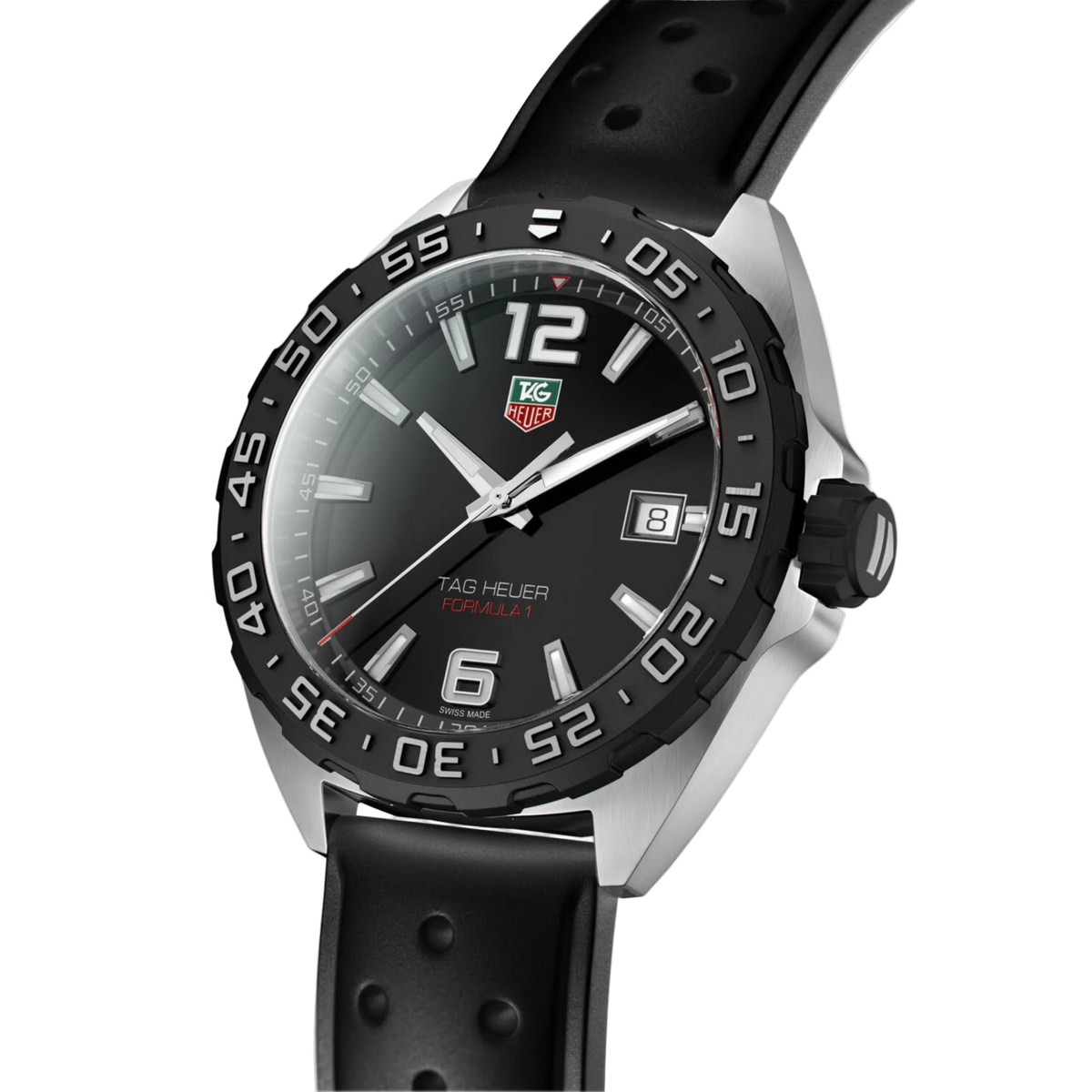 close-up of the black dial highlighting the high-contrast hands and markers, red “Formula 1” text, and minute track for clear readability