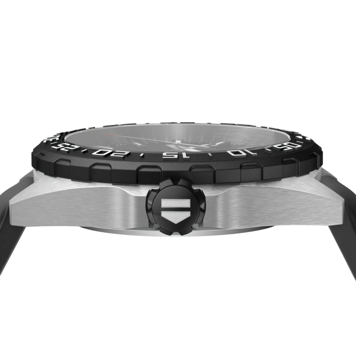 side angle view of the stainless steel case with black bezel, showing the crown detailing and robust, sporty construction