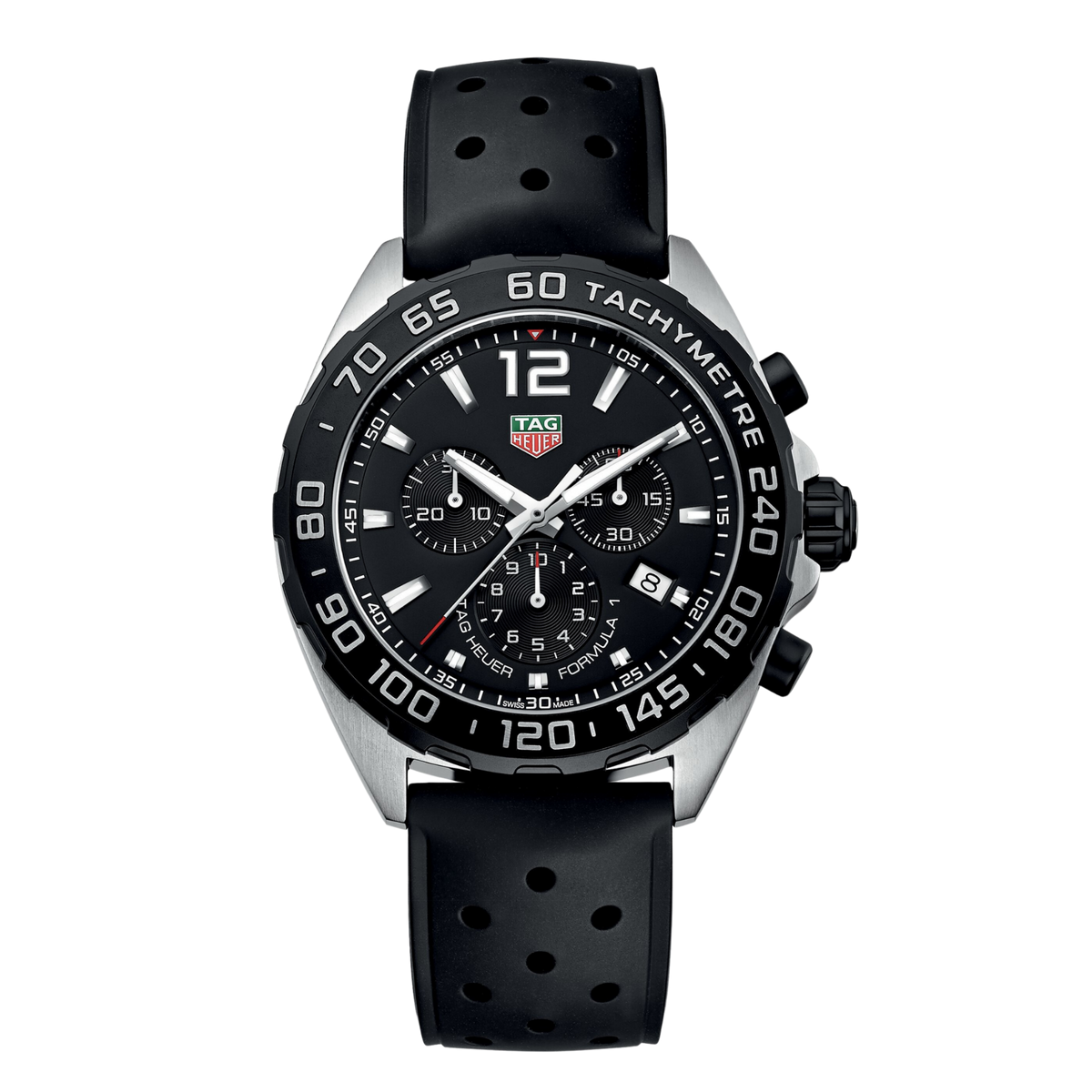 TAG Heuer Formula 1 chronograph watch with black dial, three sub-dials, tachymetre bezel, date window at 4 o’clock, and perforated black rubber strap