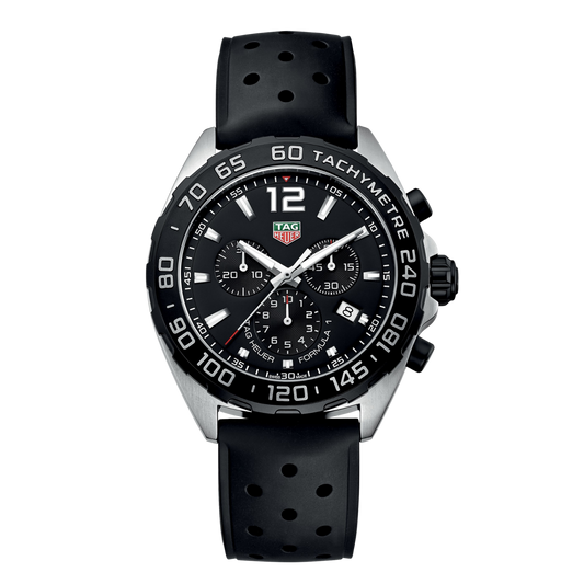 TAG Heuer Formula 1 chronograph watch with black dial, three sub-dials, tachymetre bezel, date window at 4 o’clock, and perforated black rubber strap