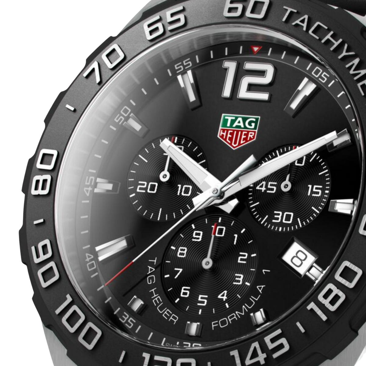 close-up of the black dial highlighting the tri-compax chronograph layout, red accents, and bold hands and markers for precise readability