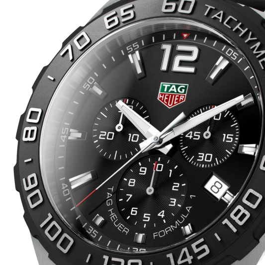 close-up of the black dial highlighting the tri-compax chronograph layout, red accents, and bold hands and markers for precise readability