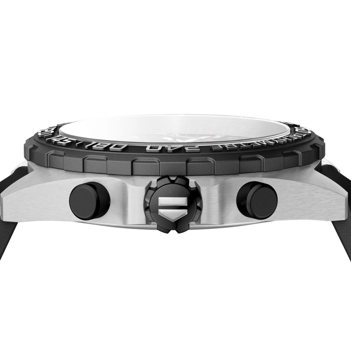 side angle view of the stainless steel case with black tachymetre bezel, featuring the crown and chronograph pushers for a technical, performance-driven look
