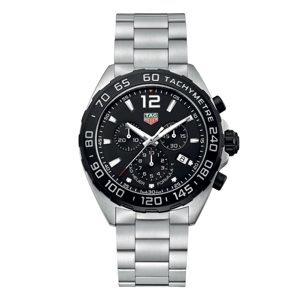 TAG Heuer Formula 1 chronograph watch with black dial, three sub-dials, tachymetre bezel, date window at 4 o’clock, and stainless steel bracelet