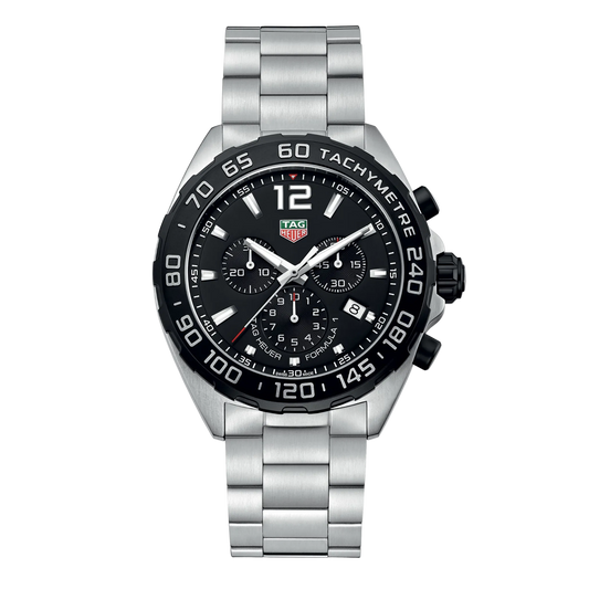 TAG Heuer Formula 1 chronograph watch with black dial, three sub-dials, tachymetre bezel, date window at 4 o’clock, and stainless steel bracelet