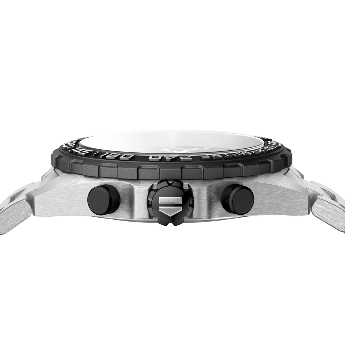 side angle view of the steel case featuring the black tachymetre bezel, crown and pushers, emphasising the watch’s sporty and performance-driven design