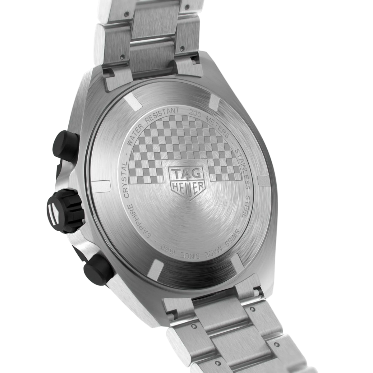 rear view showcasing the stainless steel bracelet with a secure clasp, built for durability and everyday wear