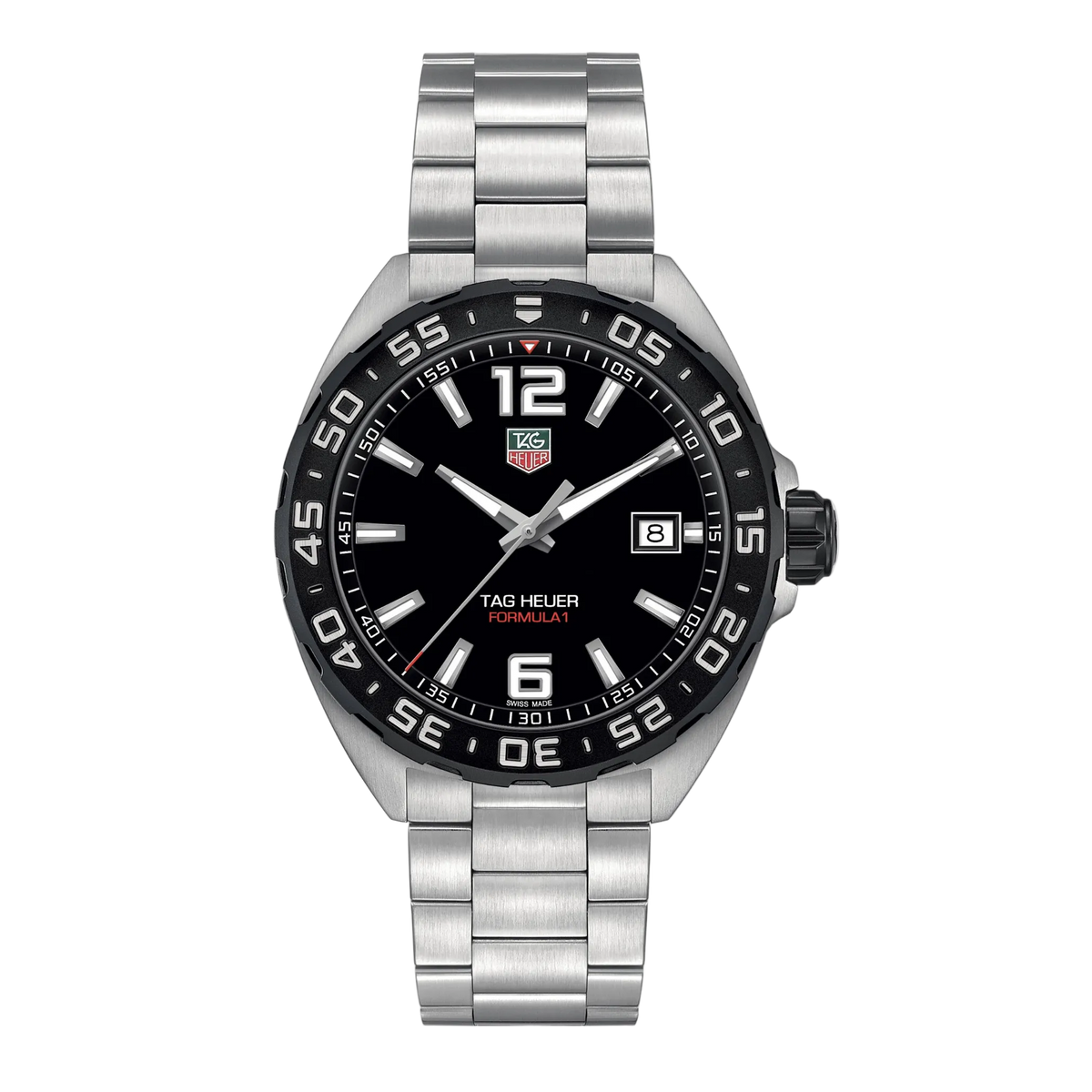Tag Heuer watch with black dial and silver bracelet on a white background from front