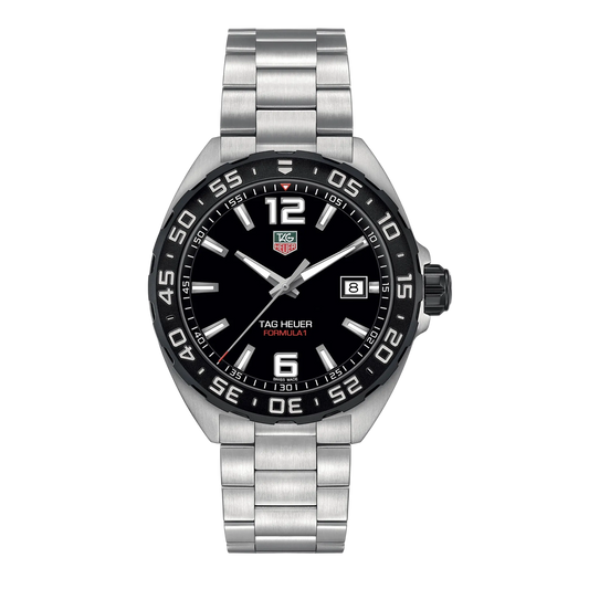 Tag Heuer watch with black dial and silver bracelet on a white background from front
