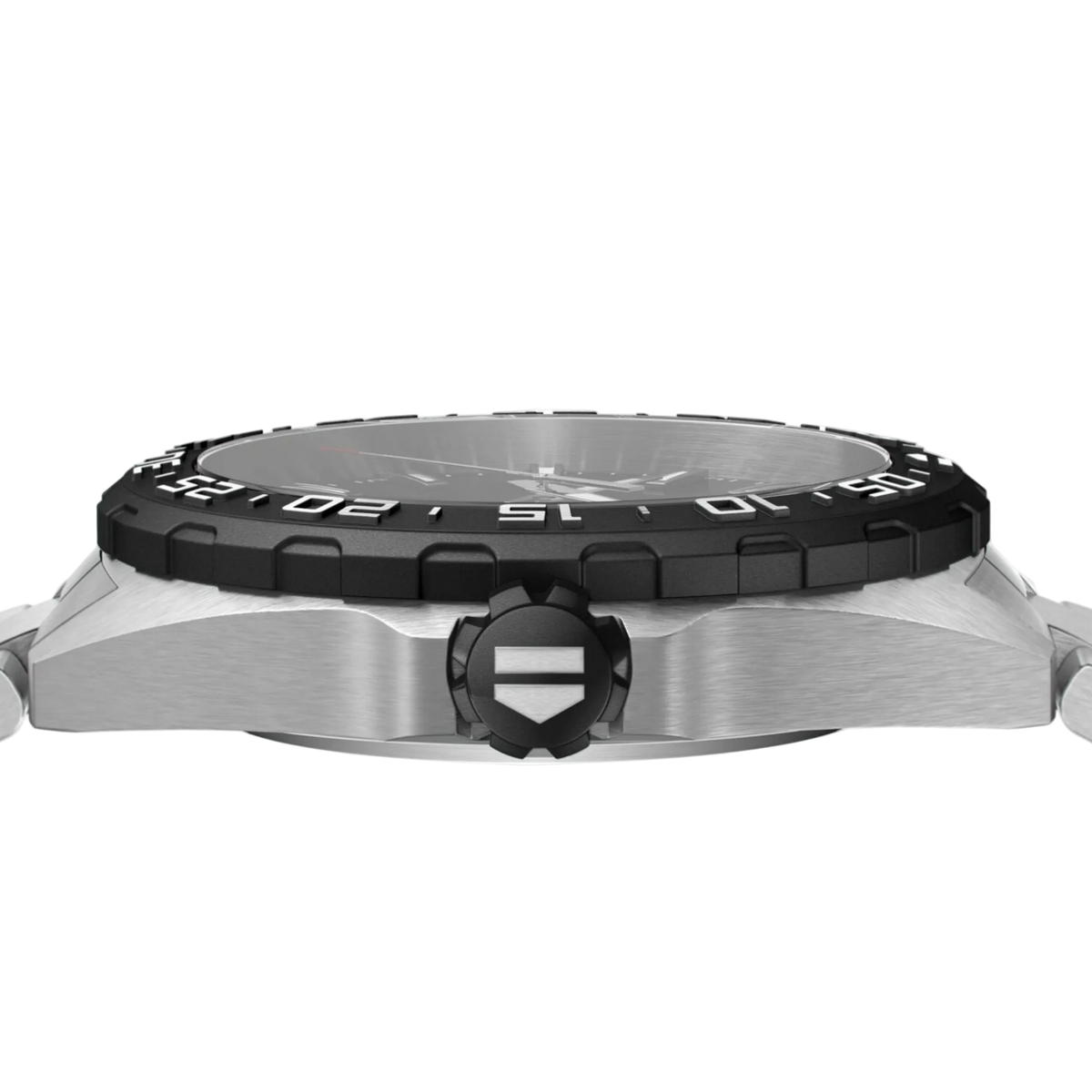 Watch with black bezel and silver case on a white background case from the side