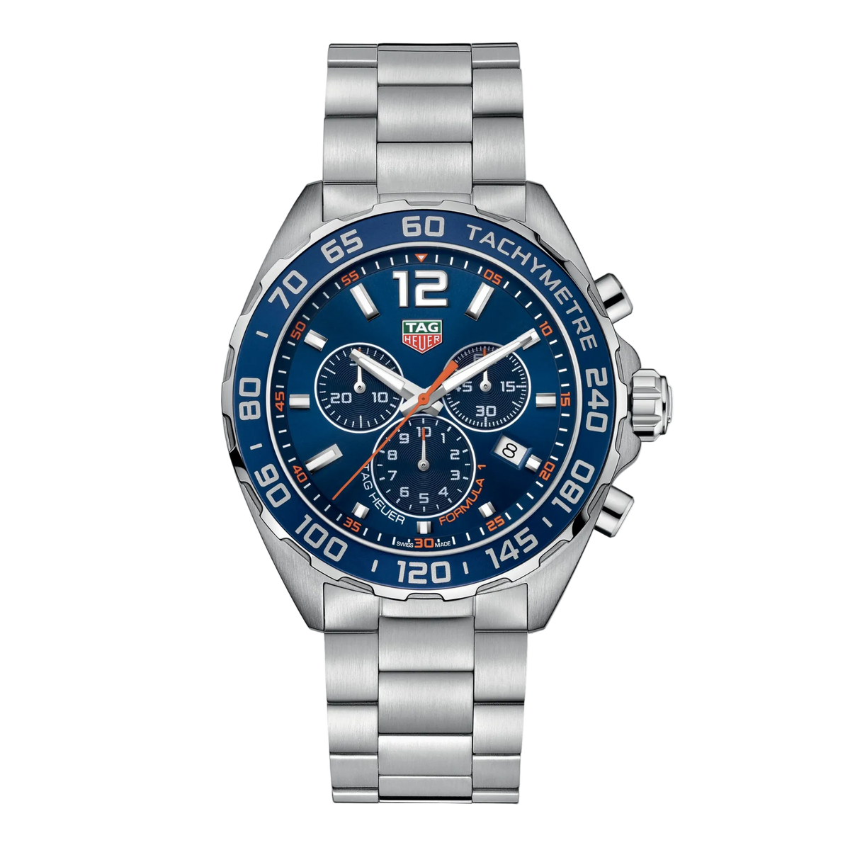 TAG Heuer Formula 1 chronograph watch with blue dial, three sub-dials, blue tachymetre bezel, orange accents, date window at 4 o’clock, and stainless steel bracelet