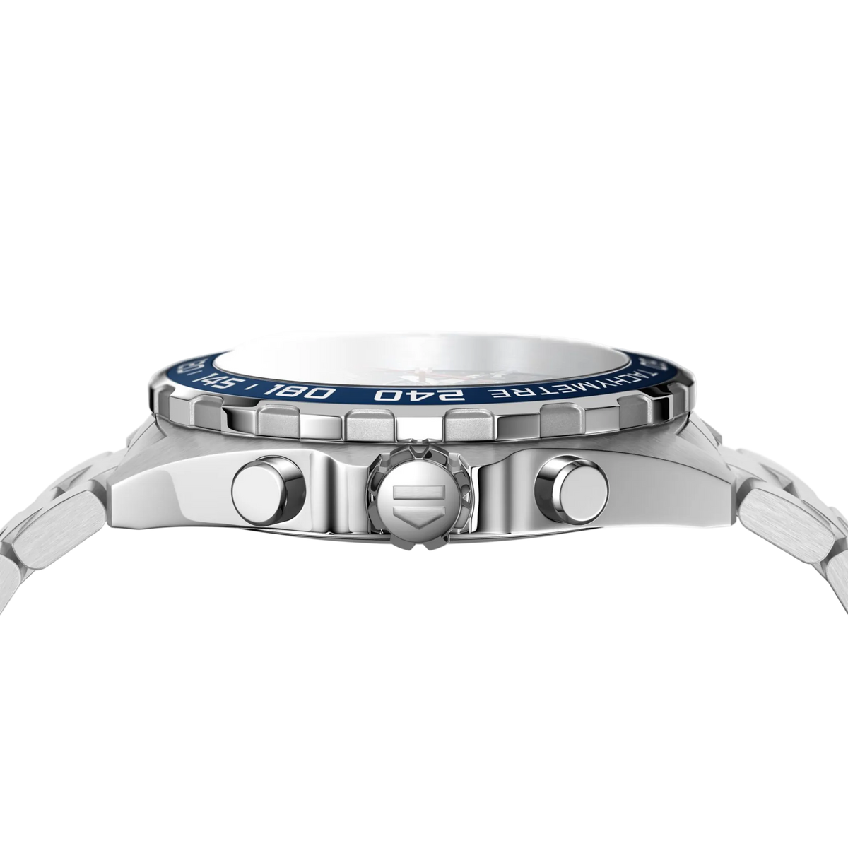 side angle view of the steel case featuring the tachymetre bezel, crown and pushers, emphasising the watch’s sporty and performance-focused design