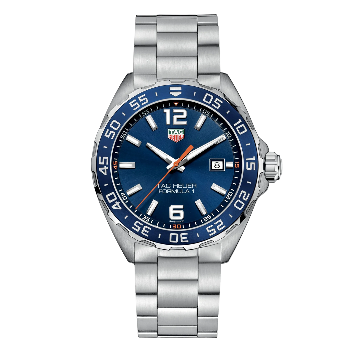 TAG Heuer Formula 1 watch with blue sunray dial, bold Arabic numerals at 12 and 6, orange seconds hand, date window at 3 o’clock, and stainless steel bracelet