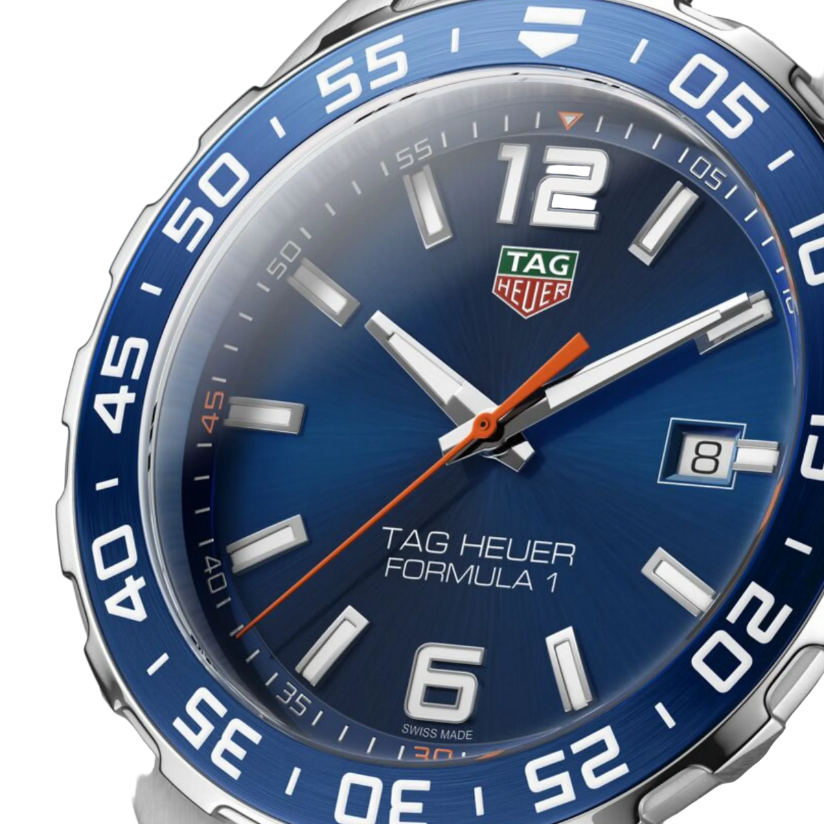 close-up of the blue dial highlighting the sunray finish, high-contrast markers, and vibrant orange seconds hand for sporty readability