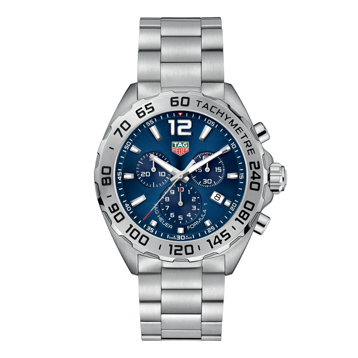 TAG Heuer Formula 1 chronograph watch with blue dial, three sub-dials, engraved tachymetre bezel, date window at 4 o’clock, and stainless steel bracelet