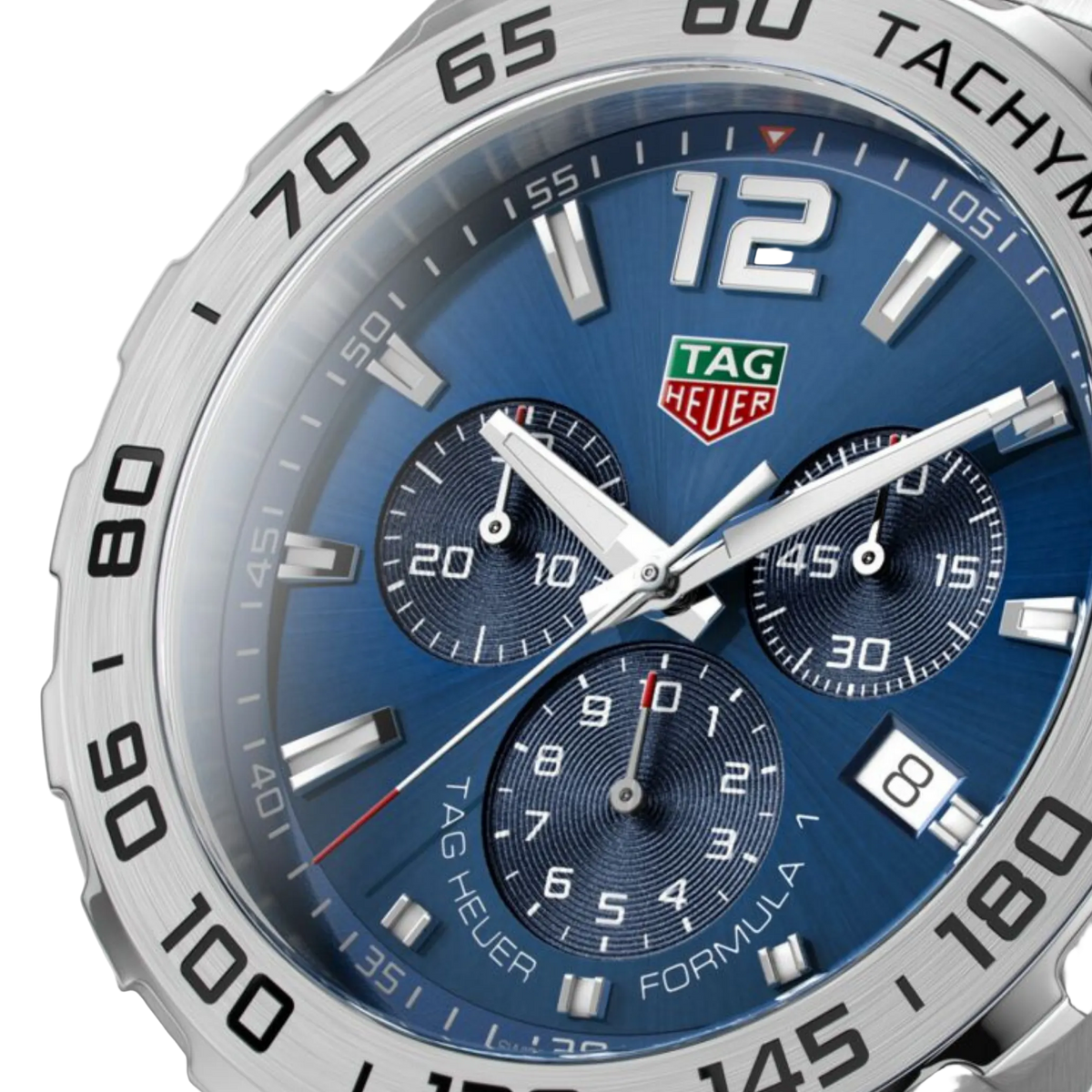 close-up of the blue dial highlighting the tri-compax chronograph layout, contrasting sub-dials, and red accent on the seconds hand for sporty clarity