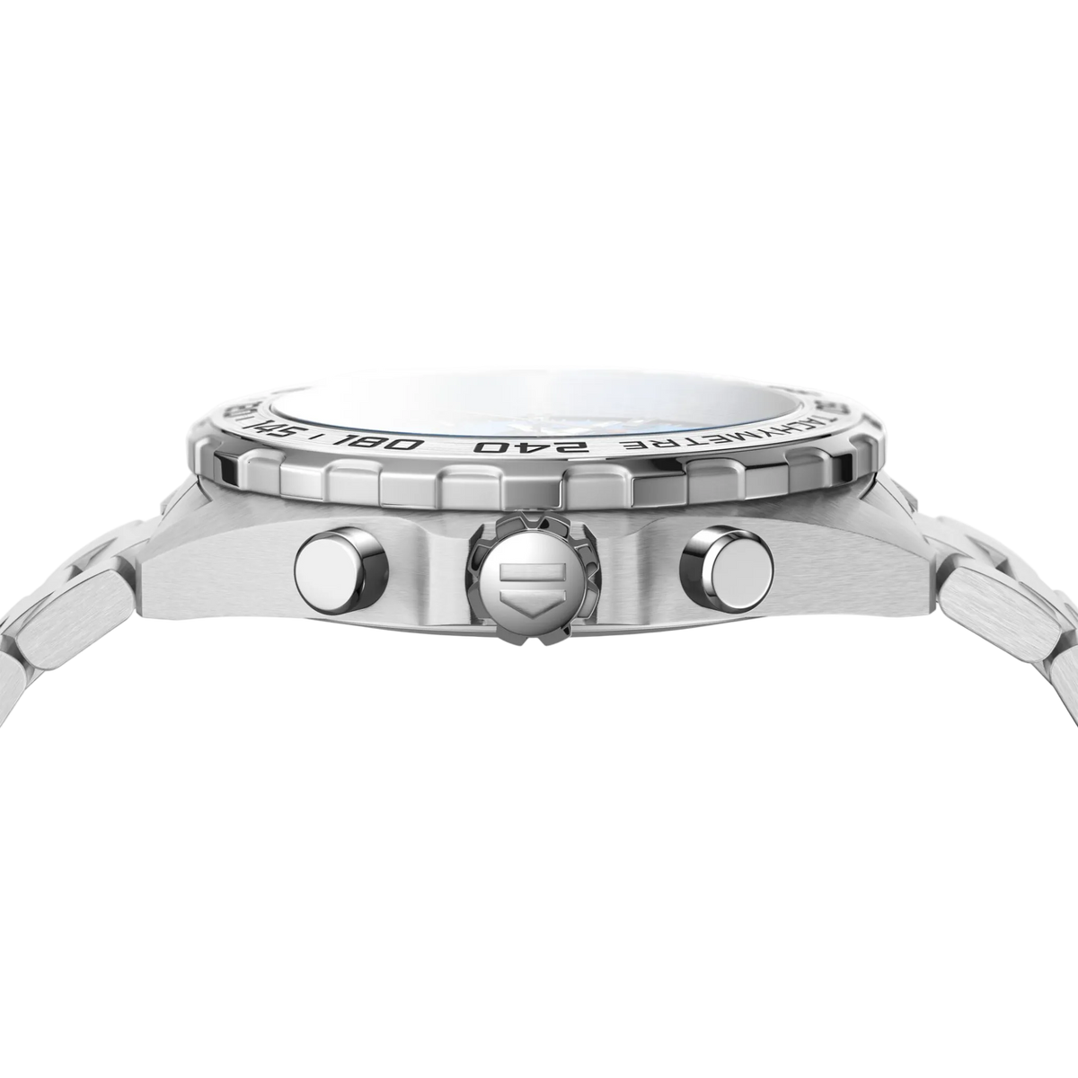 side angle view of the steel case featuring the tachymetre bezel, crown and pushers, emphasising the watch’s robust and performance-focused design