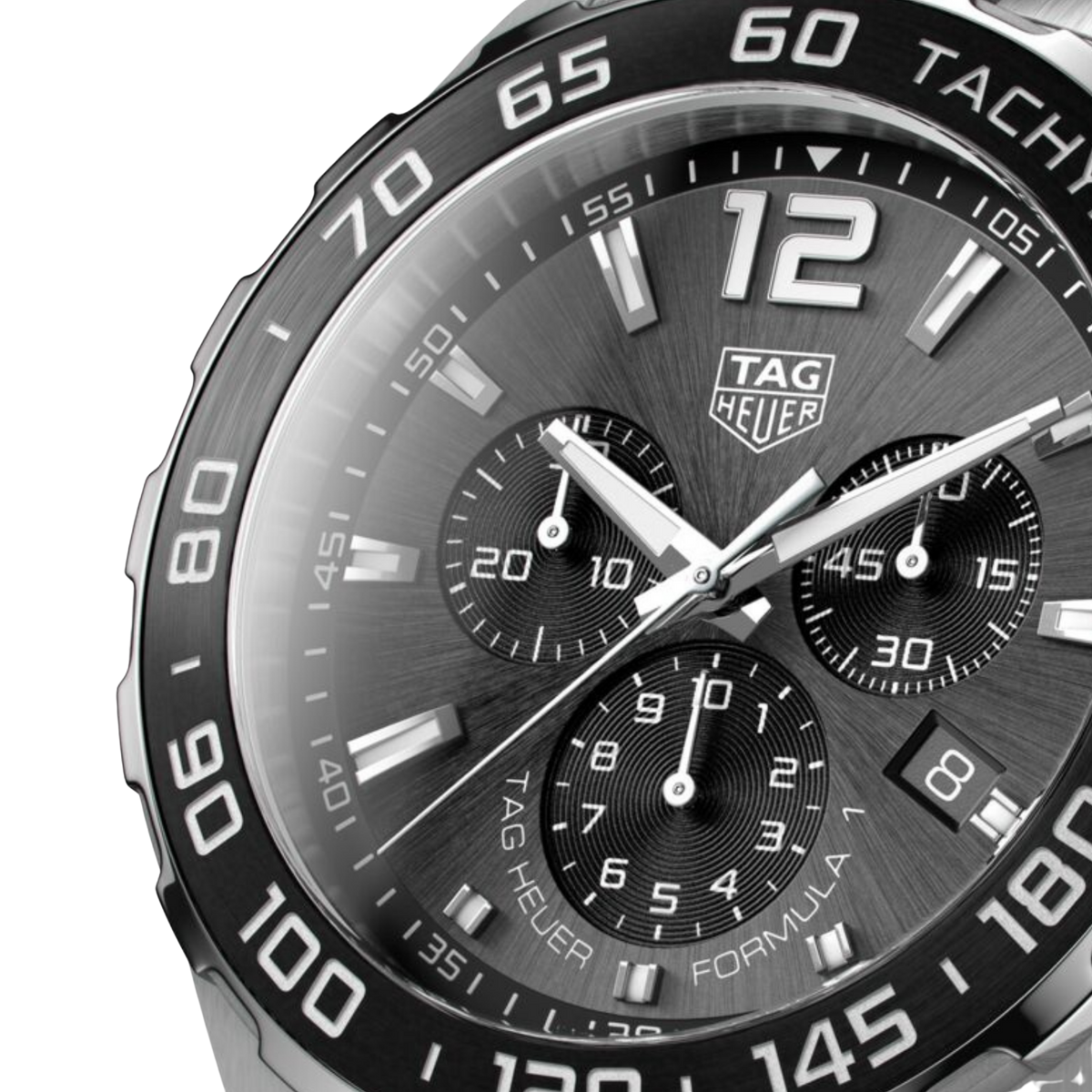 close-up of the grey dial highlighting the tri-compax chronograph layout, contrasting sub-dials, and bold hands and markers for precise readability
