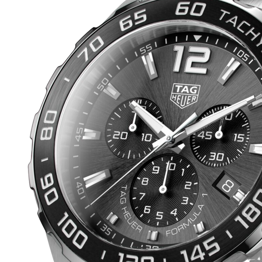 close-up of the grey dial highlighting the tri-compax chronograph layout, contrasting sub-dials, and bold hands and markers for precise readability